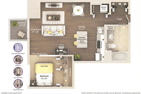 Floor plan for studio, 1 bath, 655 sqft
